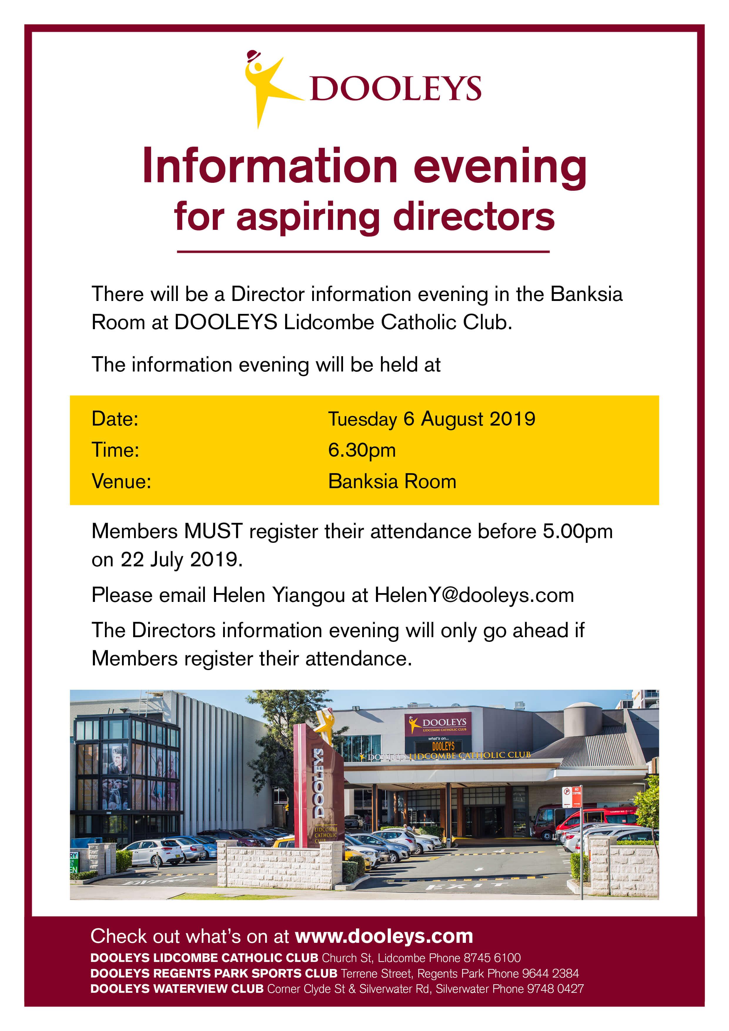 DOOLEYS Lidcombe director info evening 